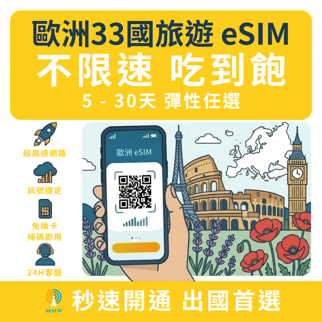 歐洲33國不限速吃到飽│5-30天